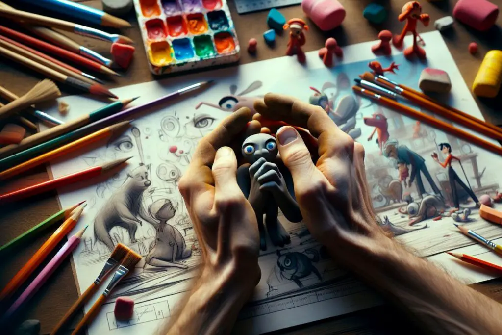 An artist’s hands holding a small animated character, surrounded by sketches and art supplies, illustrating the transformation from drawing to animation.
