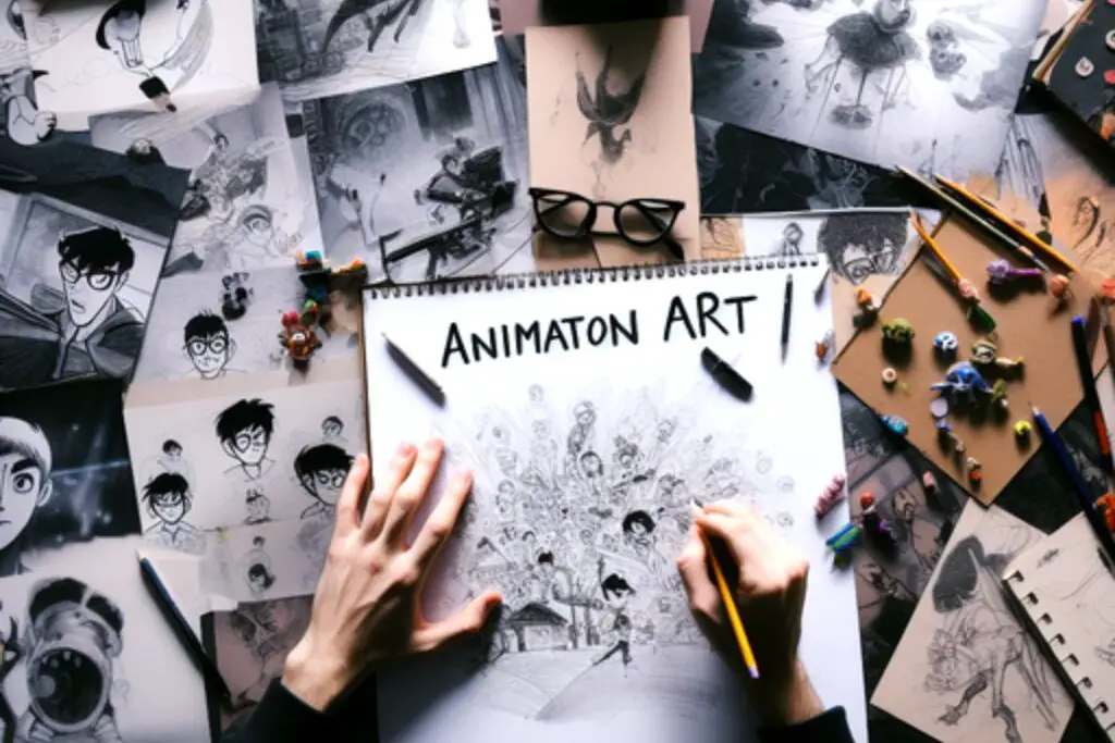 An artist’s hands drawing a detailed animation, surrounded by various sketches and artworks, illustrating the process of bringing animated art to life.