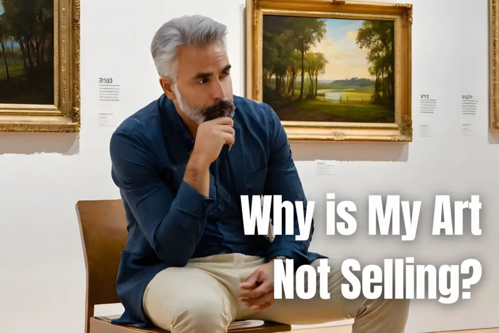 why art not selling - Male artist, thoughtfully contemplating his unsold artwork in a gallery setting.