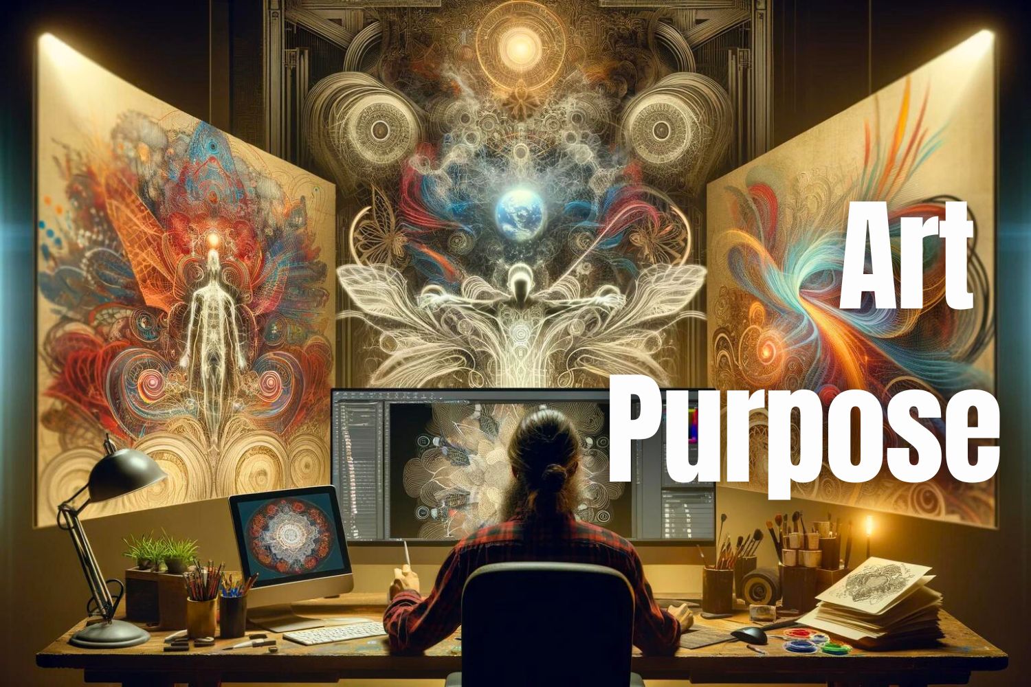 art purpose: Digital artist at workstation with screens showing a blend of traditional and modern art.