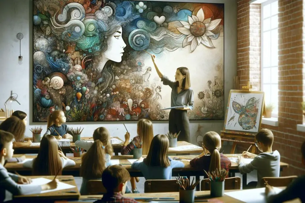 A classroom with students creating authentic art under the guidance of a teacher, exploring artistic techniques and concepts.
