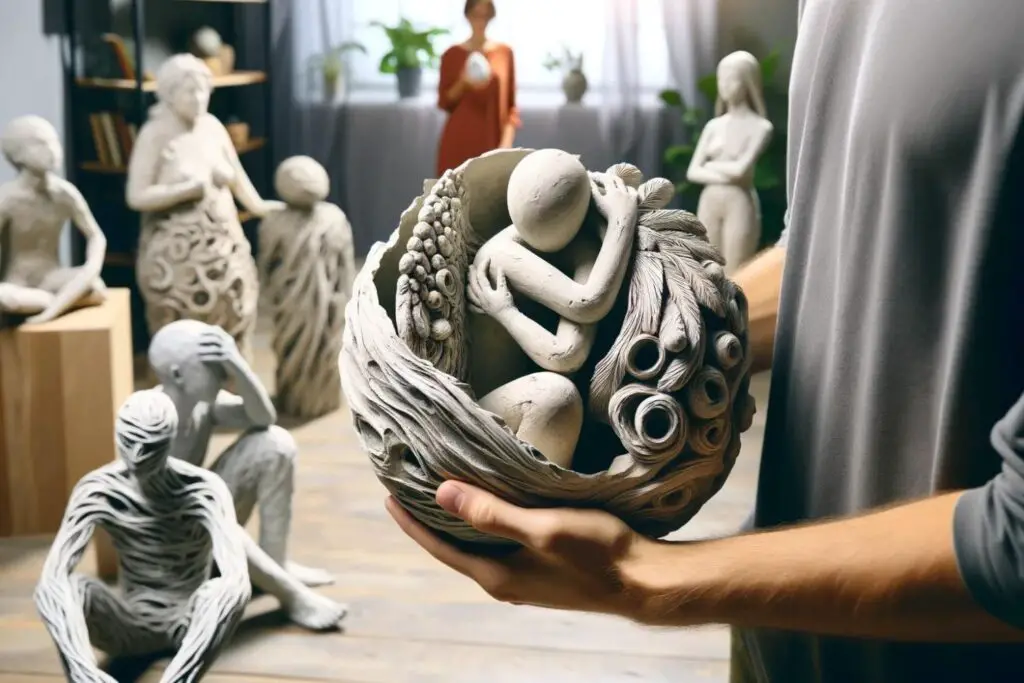 An individual holding a sculpture that represents their journey through grief and recovery, with other sculptures around depicting emotional healing.