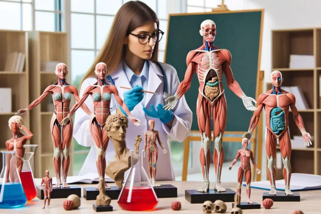 A science teacher using sculptures to explain human anatomy, with each sculpture highlighting different body systems.