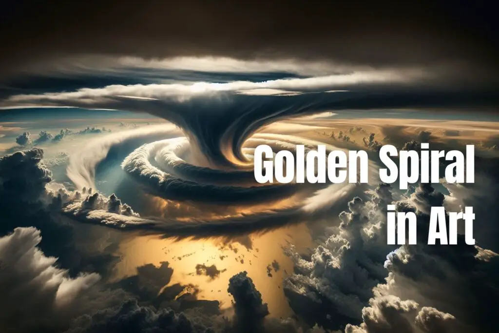A painting of a swirling storm cloud in the shape of a golden spiral, seen from above.
