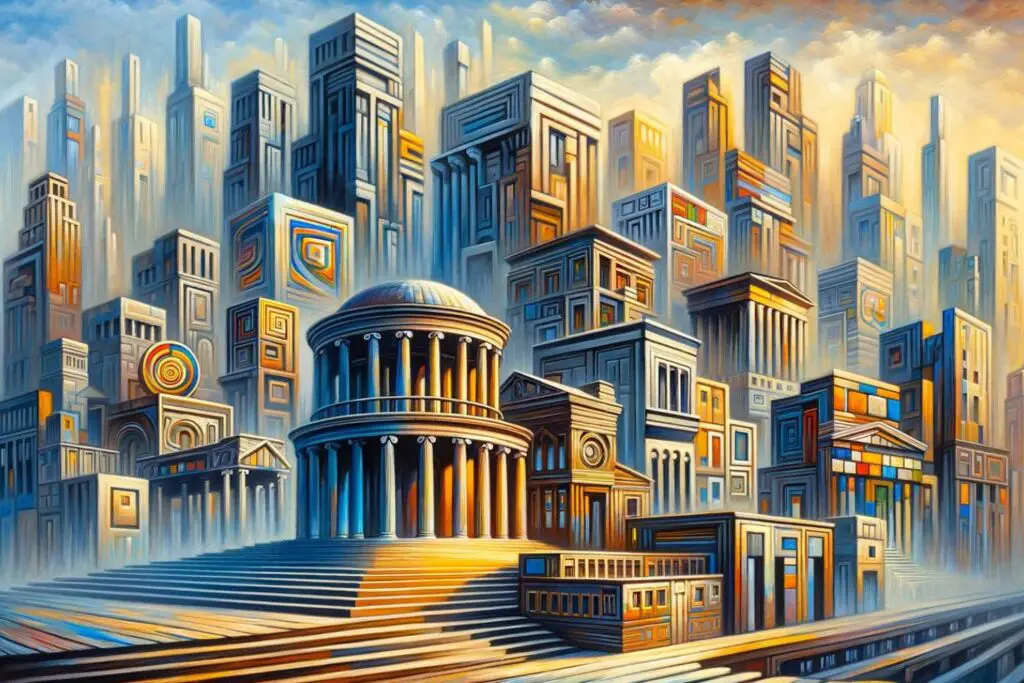 Oil painting of a modern cityscape infused with characteristics of past art movements