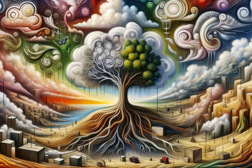 Surreal landscape with symbolic elements like a tree with hand-shaped roots and meaningful cloud patterns