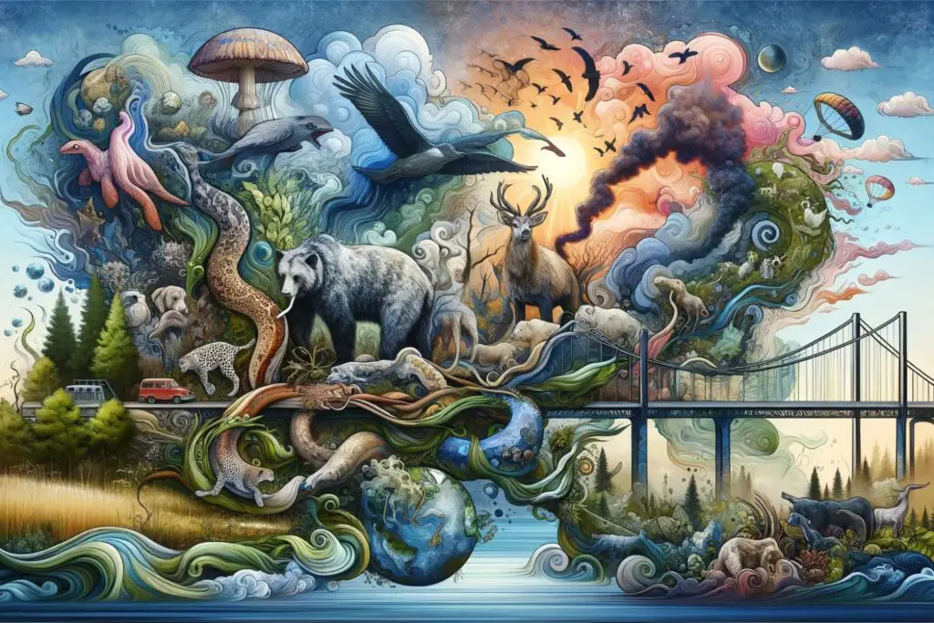 Artistic representation of wildlife and habitats with pollution and climate change elements.