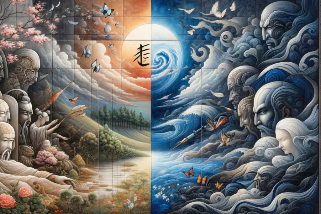 Artwork illustrating the contrast between Eastern and Western art aesthetics. Title: "East Meets West: Aesthetic Contrasts