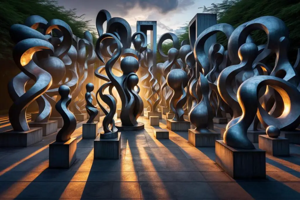 purpose of art Sculptures in a garden at twilight, with natural light and shadows creating a dynamic visual experience.