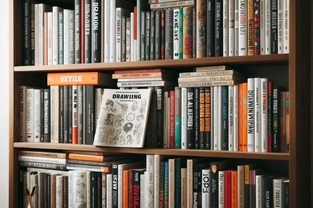 A bookshelf filled with art books and novels, representing the vast resources available to aspiring artists.