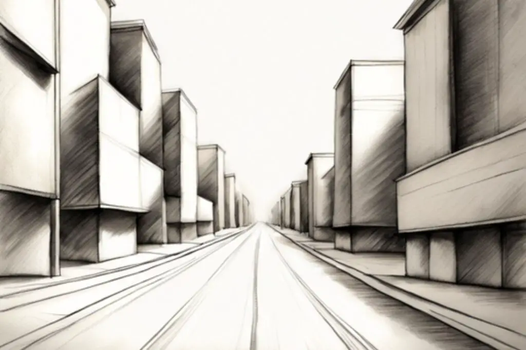 A black and white pencil drawing of a city street with buildings of varying heights and a cobblestone road.