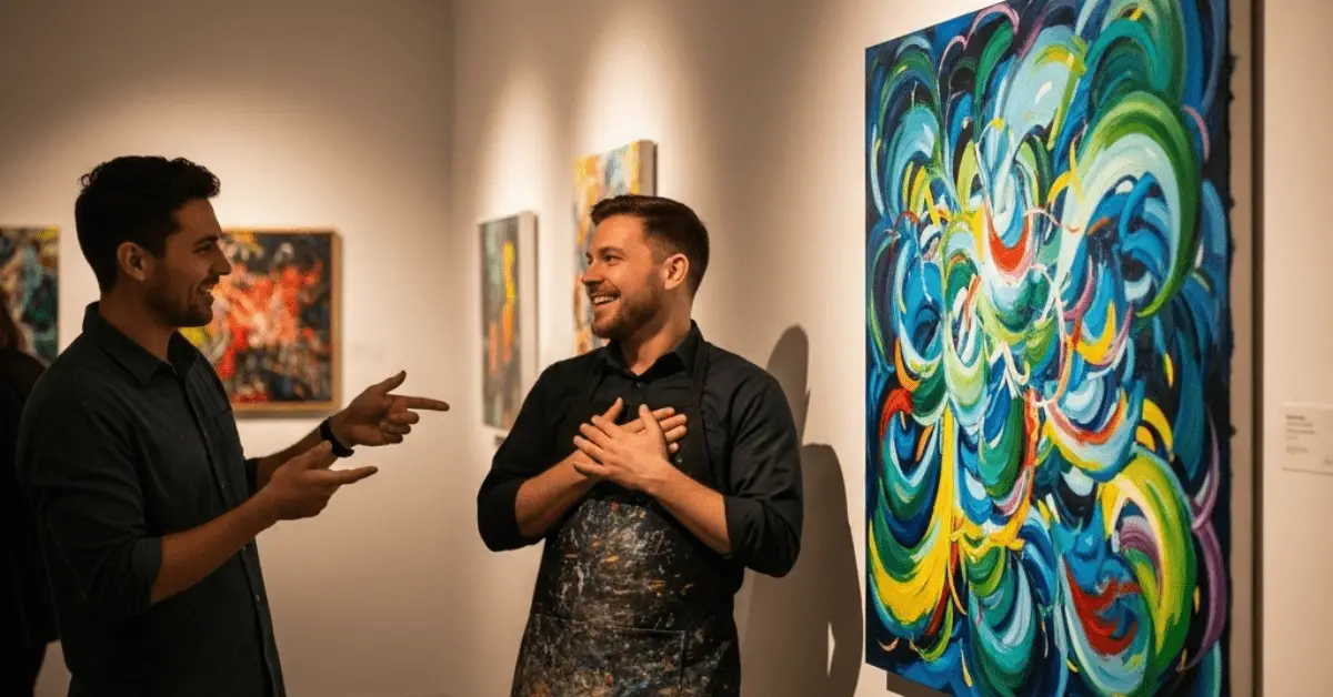 A visitor in an art gallery enthusiastically compliments a smiling artist who stands proudly by his vibrant, colorful abstract painting.